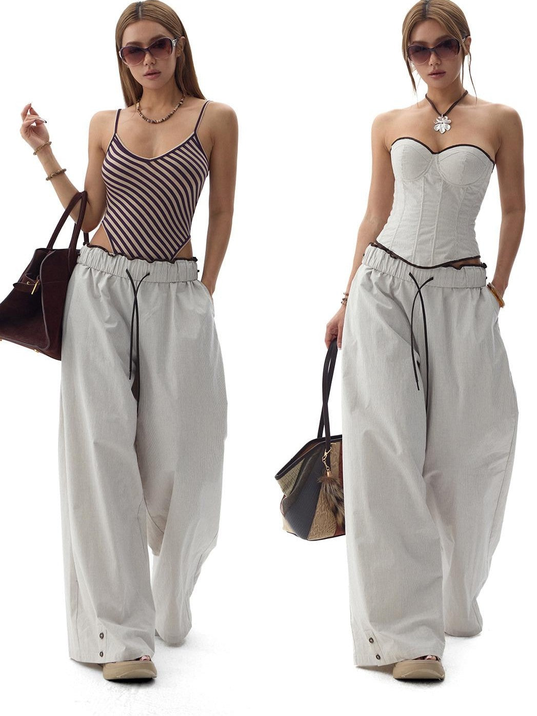 Fanptntox Gray Beige Striped Wood Button Ruffle Waist Women's Cotton Wide-leg Pants