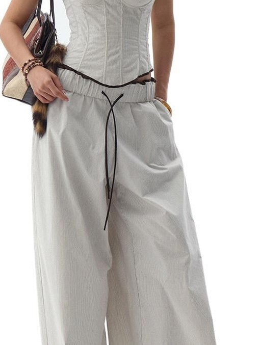 Fanptntox Gray Beige Striped Wood Button Ruffle Waist Women's Cotton Wide-leg Pants
