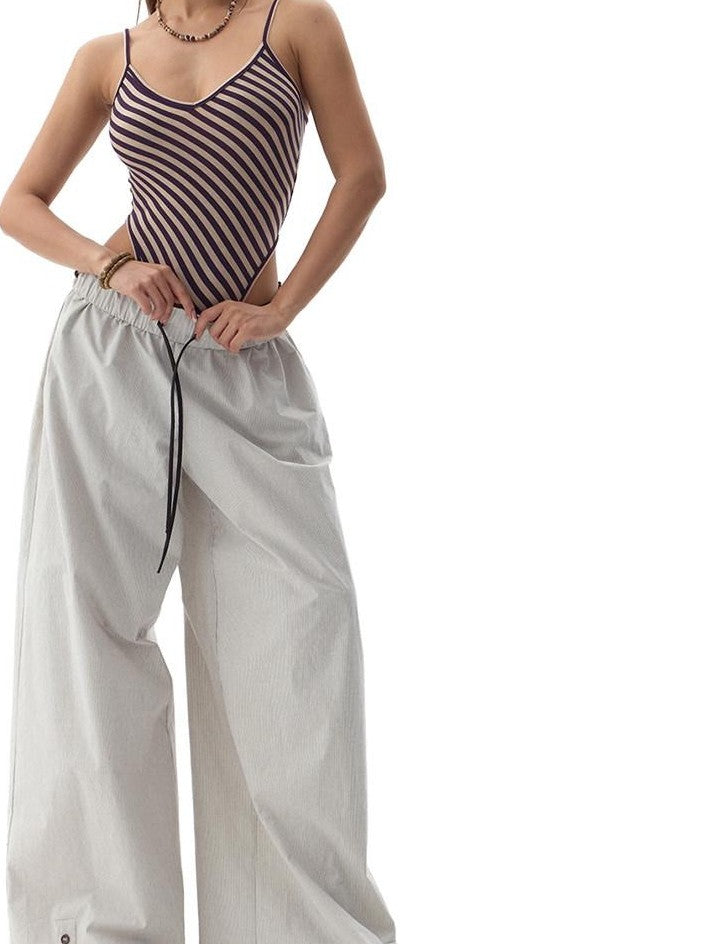 Fanptntox Gray Beige Striped Wood Button Ruffle Waist Women's Cotton Wide-leg Pants