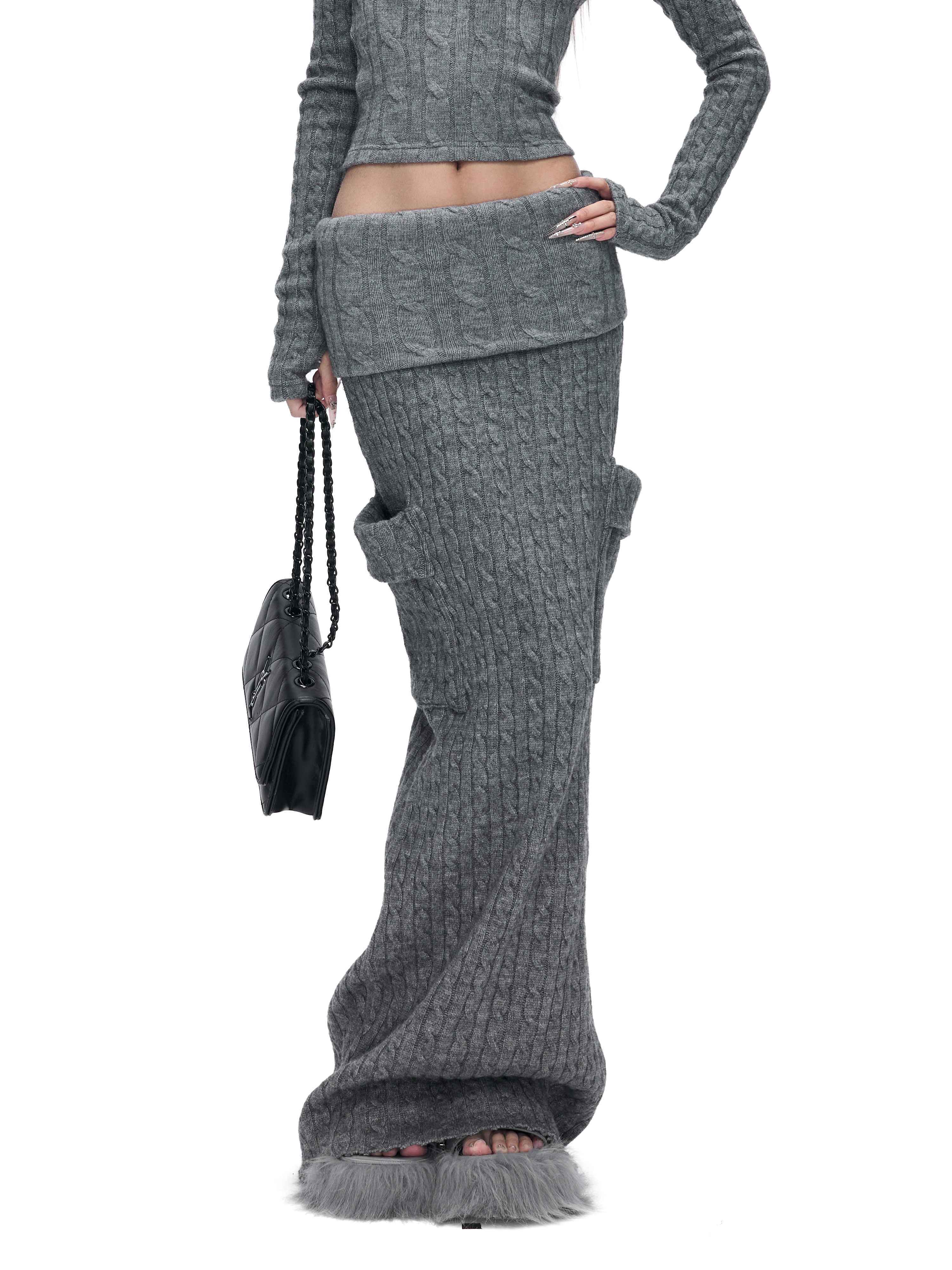 Fanptntox_Gray_Cable_Knit_Off_Shoulder_Women's_Stretch_Knit_Matching_Skirt_Sets_989046211695_MISSTT
