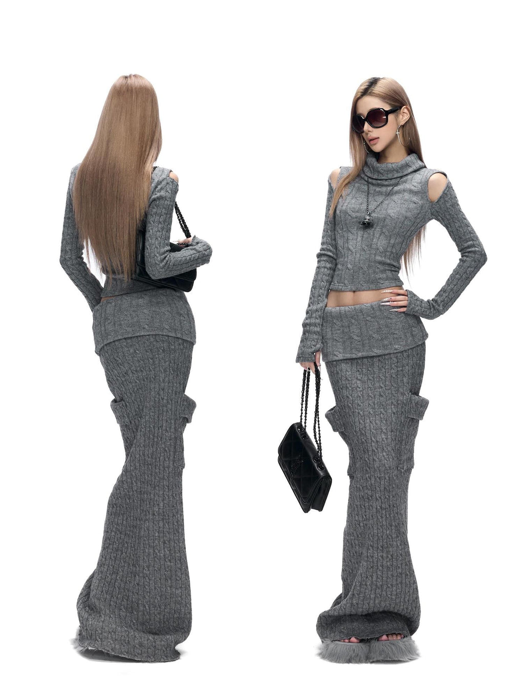 Fanptntox Gray Cable Knit Off Shoulder Women's Stretch Knit Matching Skirt Sets
