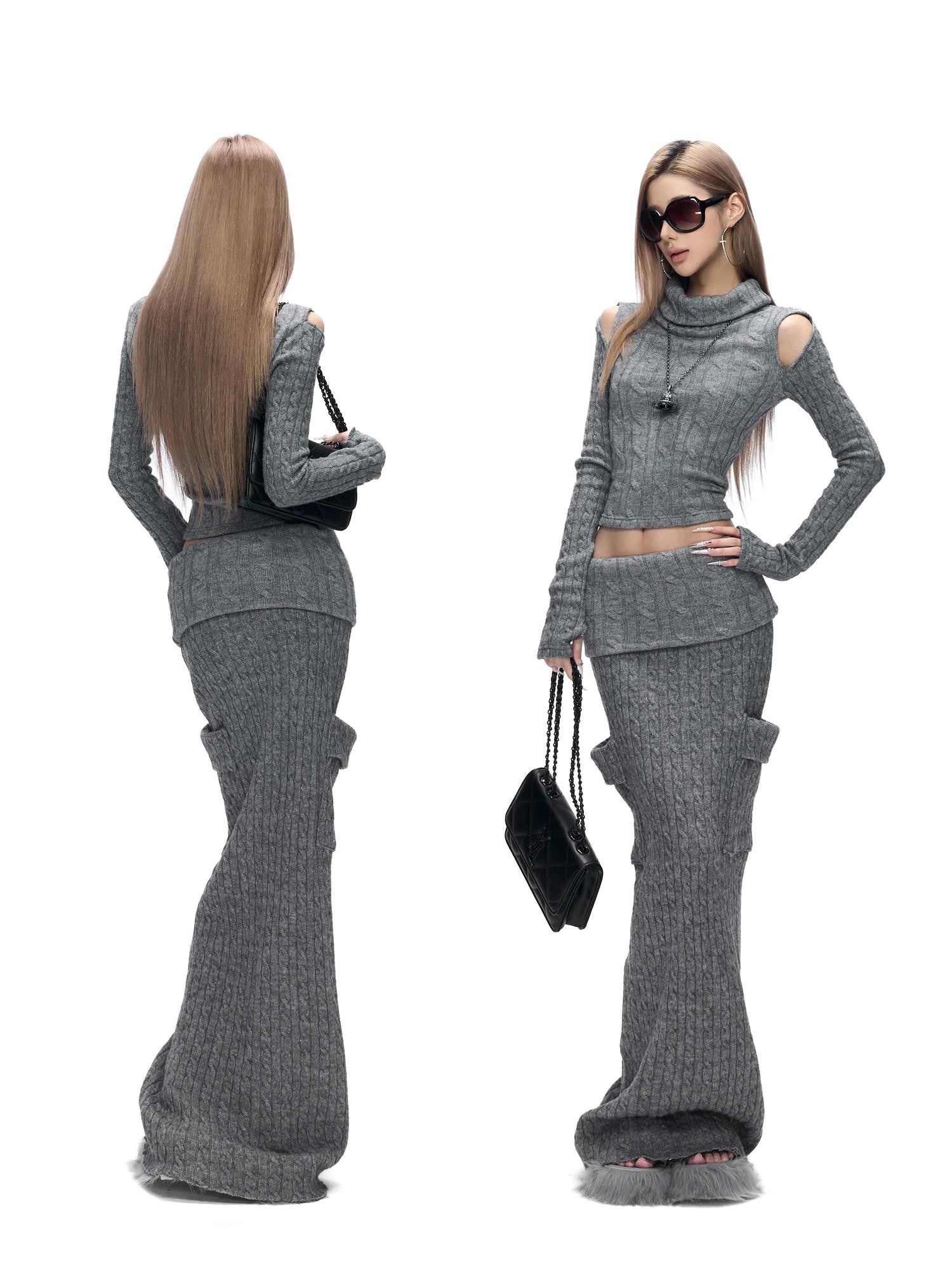 Fanptntox Gray Cable Knit Off Shoulder Women's Stretch Knit Matching Skirt Sets