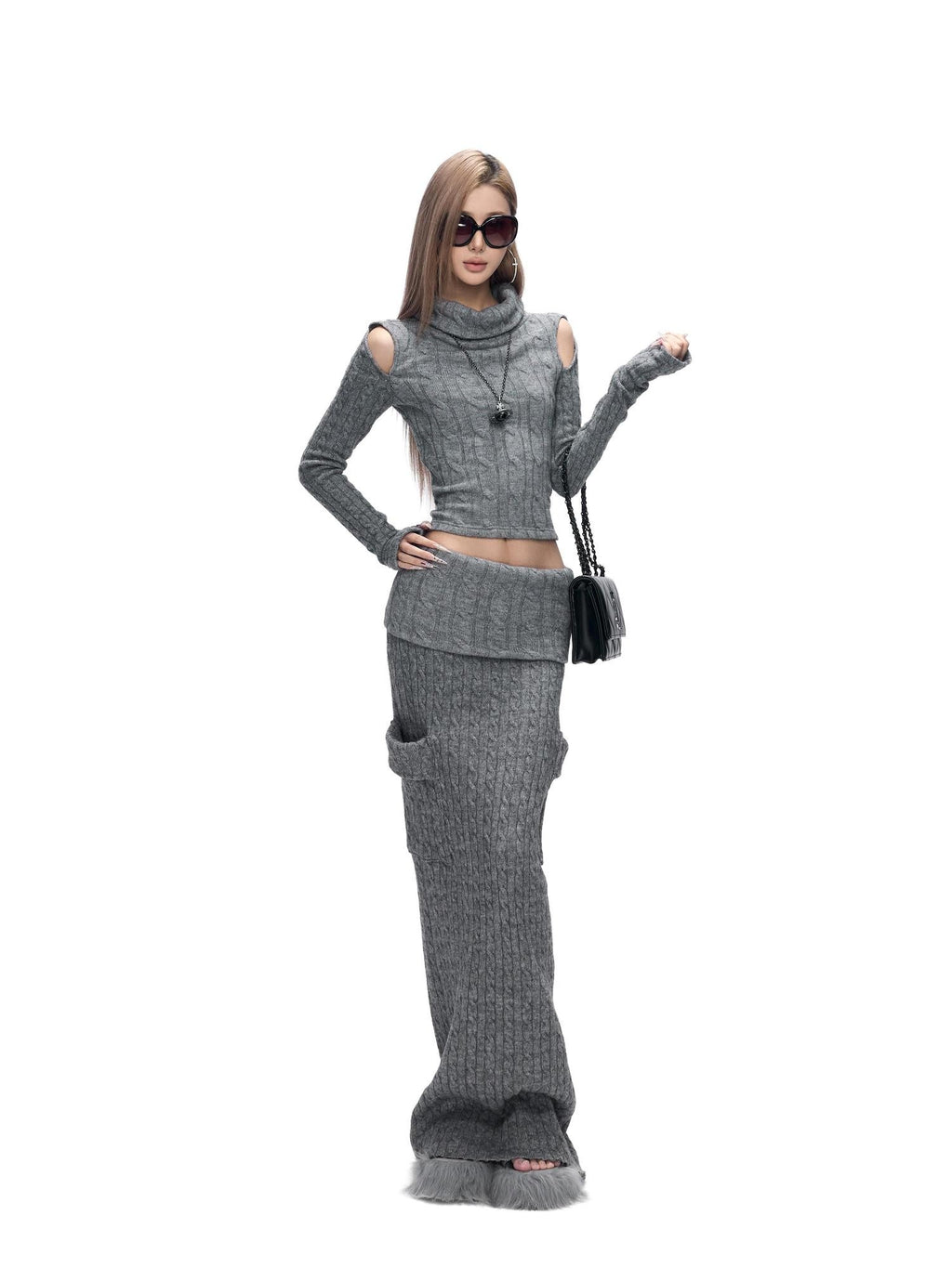 Fanptntox Gray Cable Knit Off Shoulder Women's Stretch Knit Matching Skirt Sets