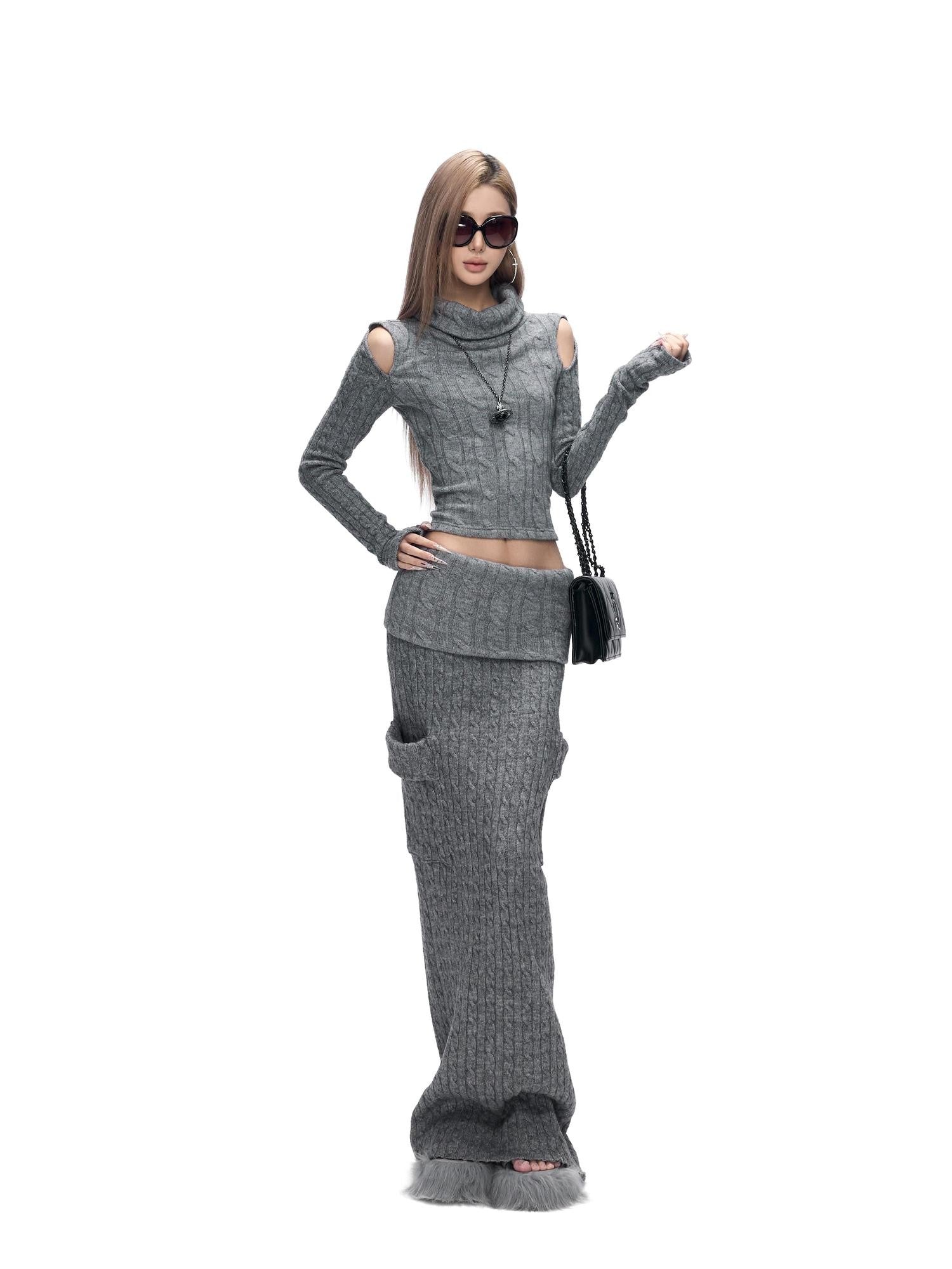 Fanptntox Gray Cable Knit Off Shoulder Women's Stretch Knit Matching Skirt Sets