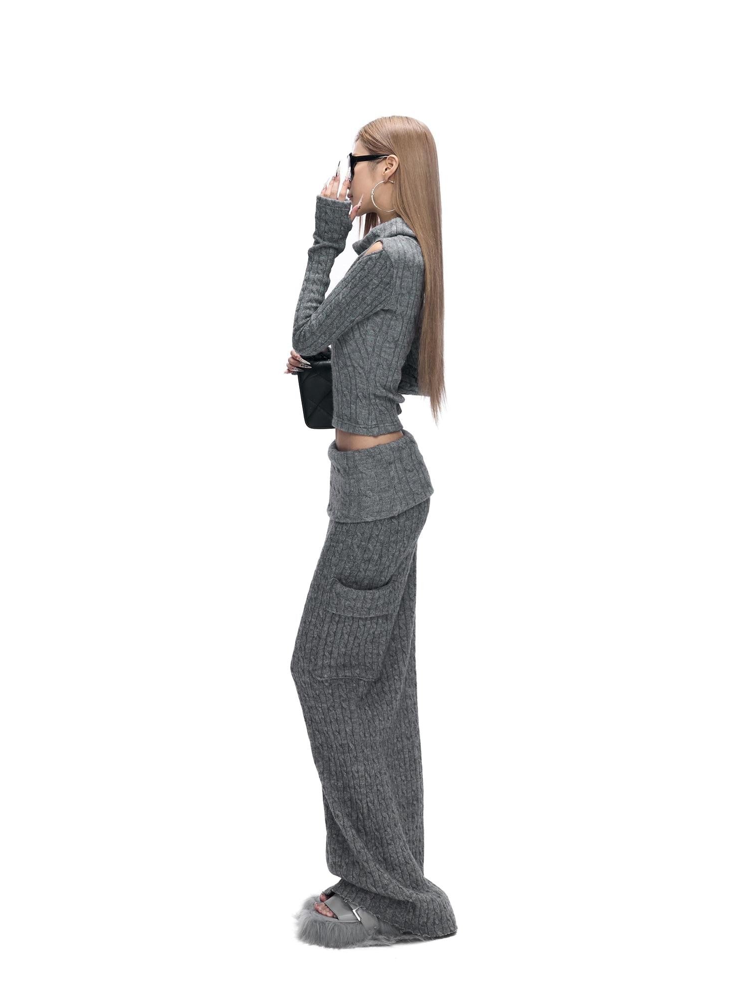 Fanptntox Gray Cable Knit Off Shoulder Women's Stretch Knit Matching Skirt Sets