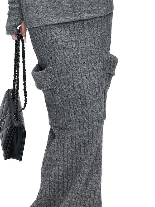 Fanptntox Gray Cable Knit Off Shoulder Women's Stretch Knit Matching Skirt Sets
