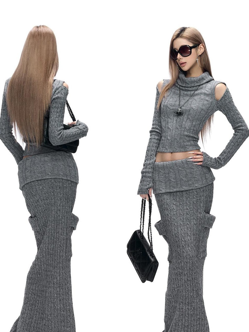 Fanptntox Gray Cable Knit Off Shoulder Women's Stretch Knit Matching Skirt Sets
