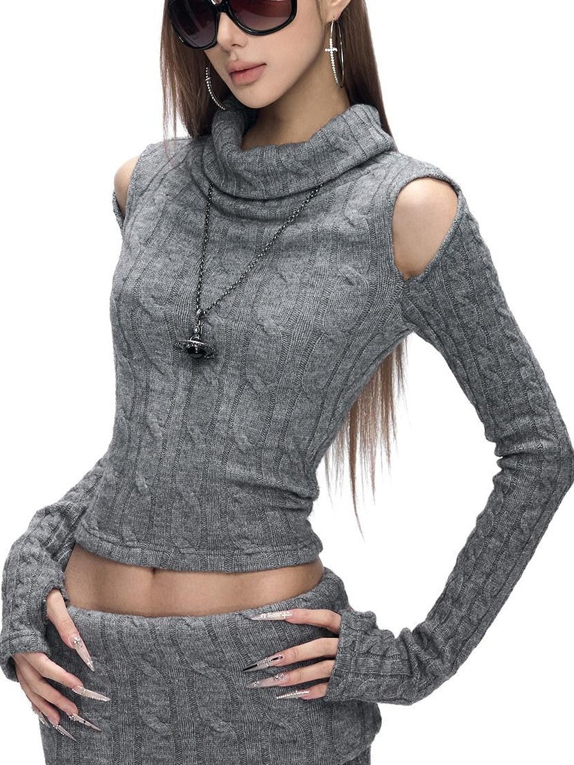 Fanptntox Gray Cable Knit Off Shoulder Women's Stretch Knit Matching Skirt Sets