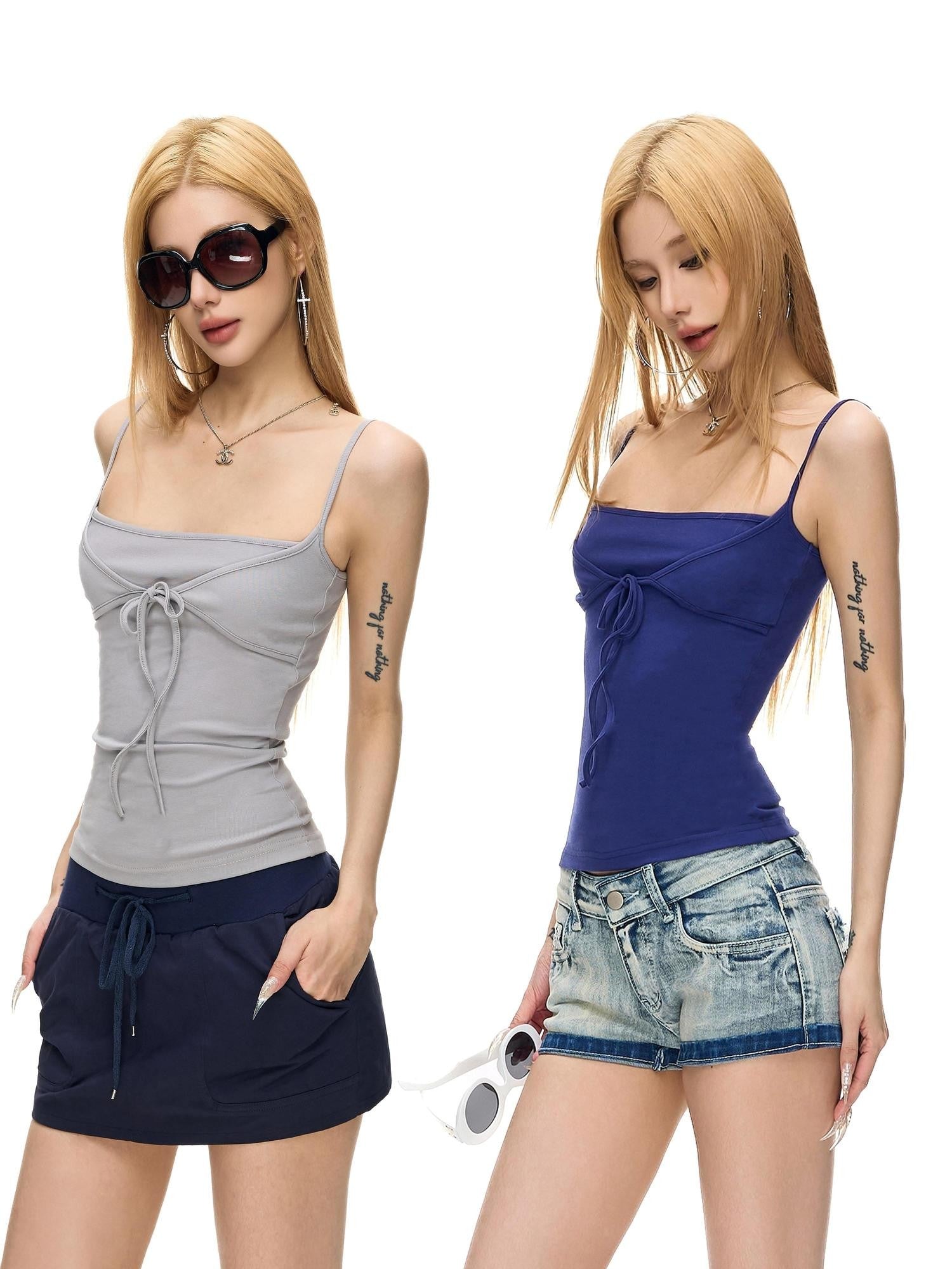 Fanptntox Gray Cross Tie Bow Square Neck Slim Fit Women's Cotton Camisoles