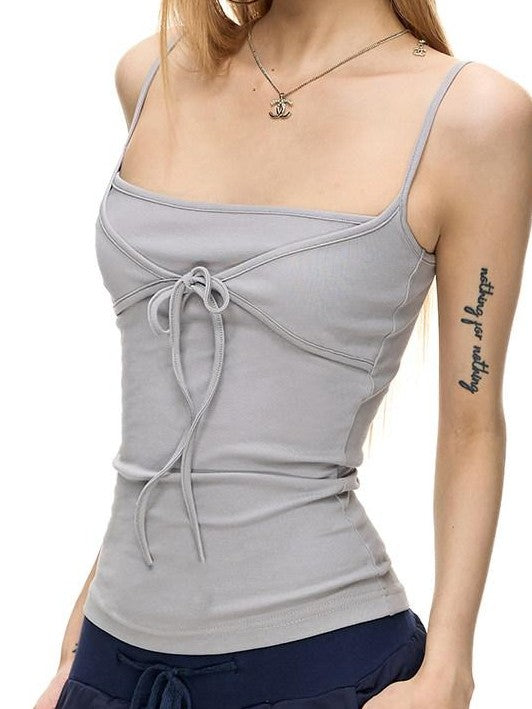 Fanptntox Gray Cross Tie Bow Square Neck Slim Fit Women's Cotton Camisoles