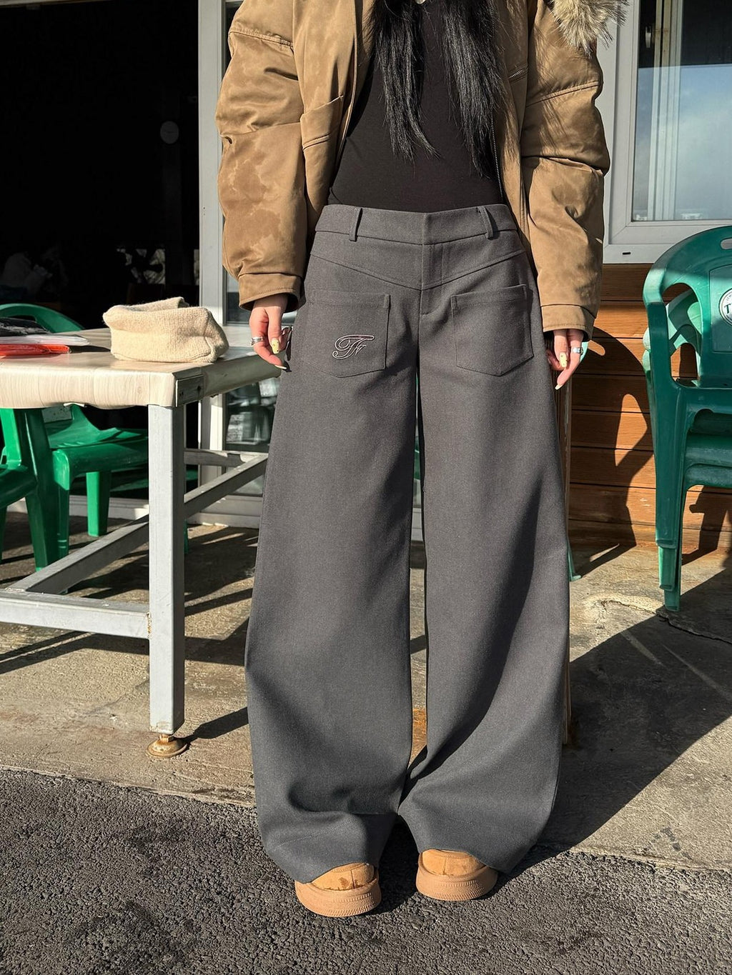Fanptntox Gray Embroidered Front Pocket Low Waist Women's Wool Effect Wide-leg Pants
