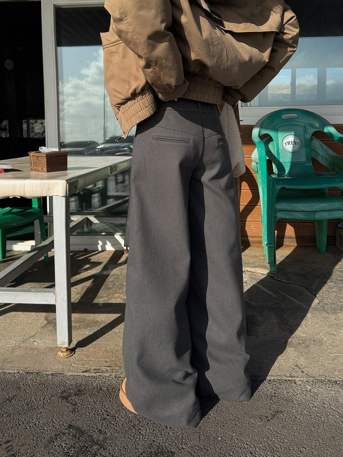 Fanptntox Gray Embroidered Front Pocket Low Waist Women's Wool Effect Wide-leg Pants