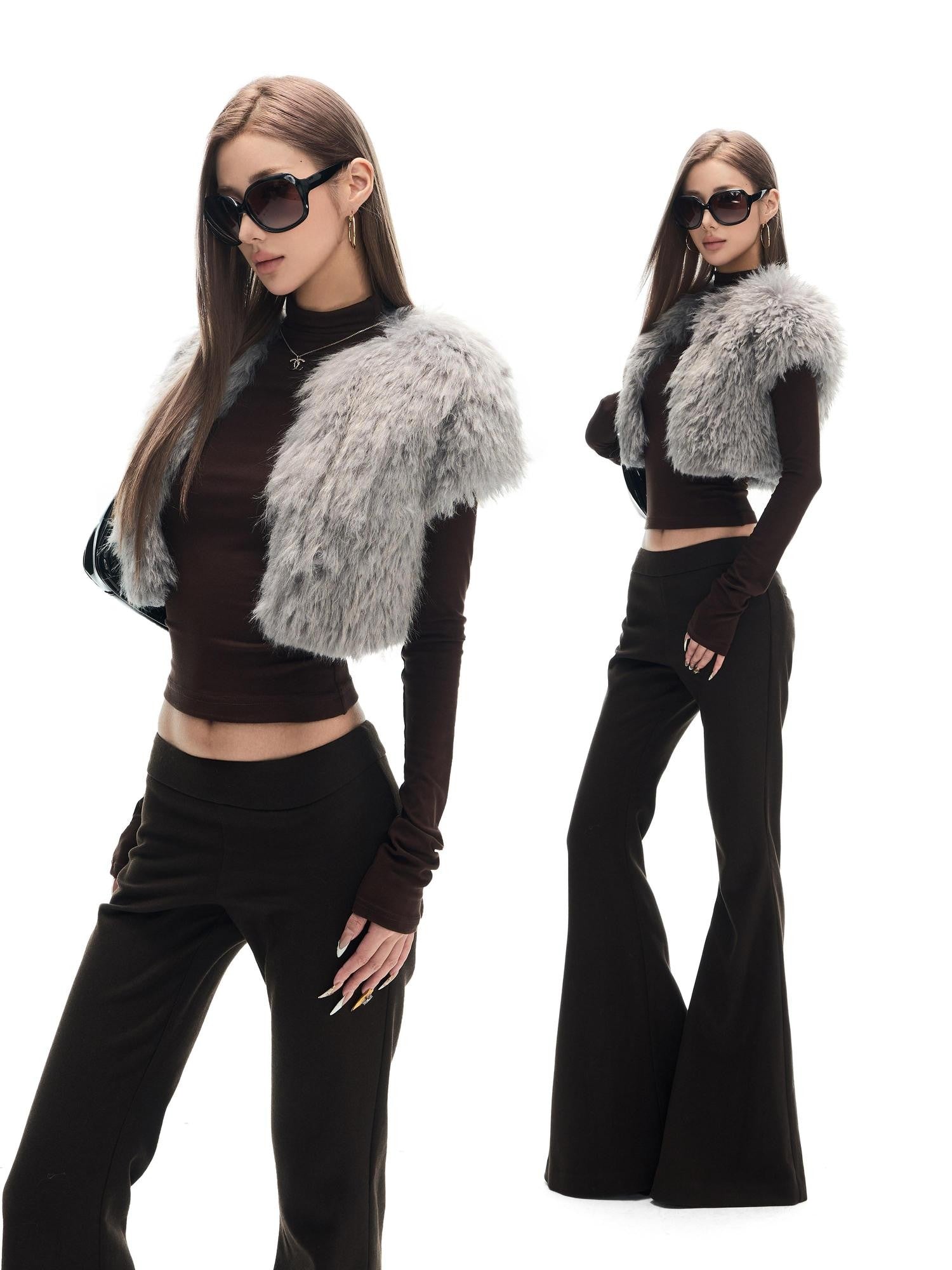 Fanptntox Gray Fuzzy Waist Cinch Sleeveless Slim Fit Women's Polyester Cardigans