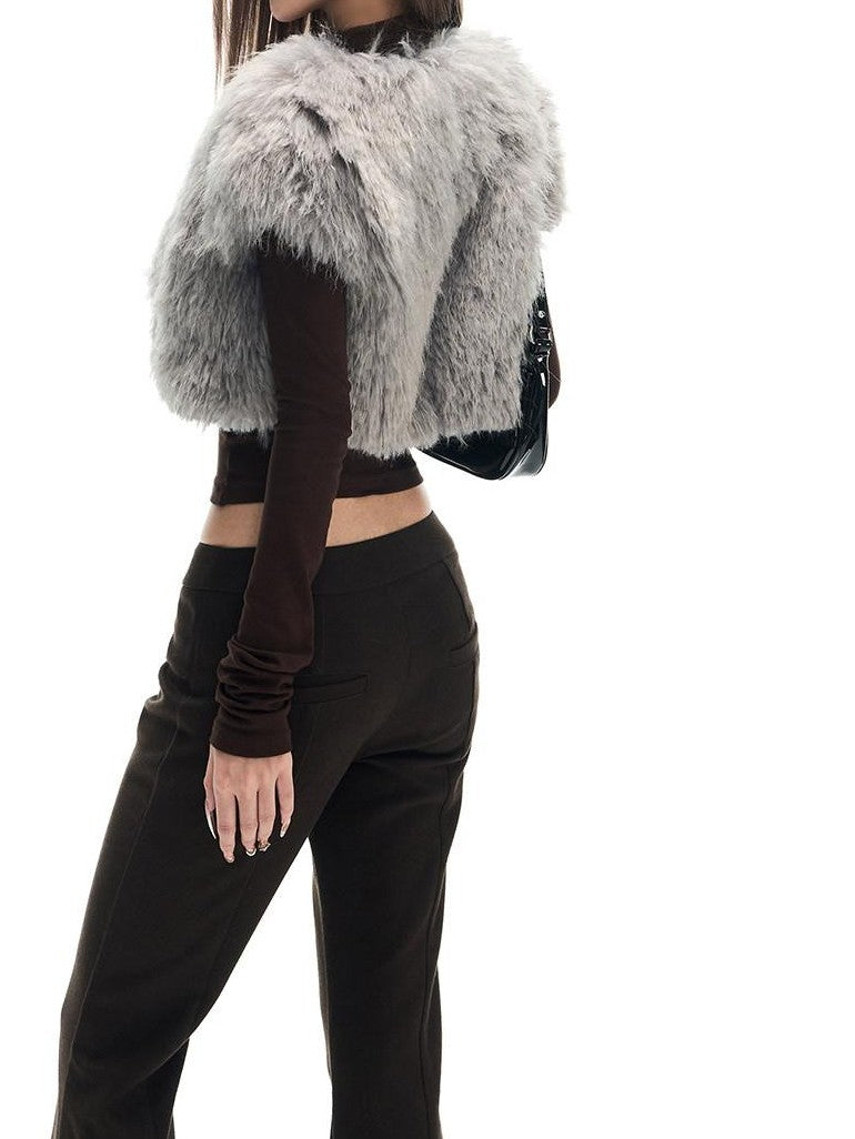 Fanptntox Gray Fuzzy Waist Cinch Sleeveless Slim Fit Women's Polyester Cardigans