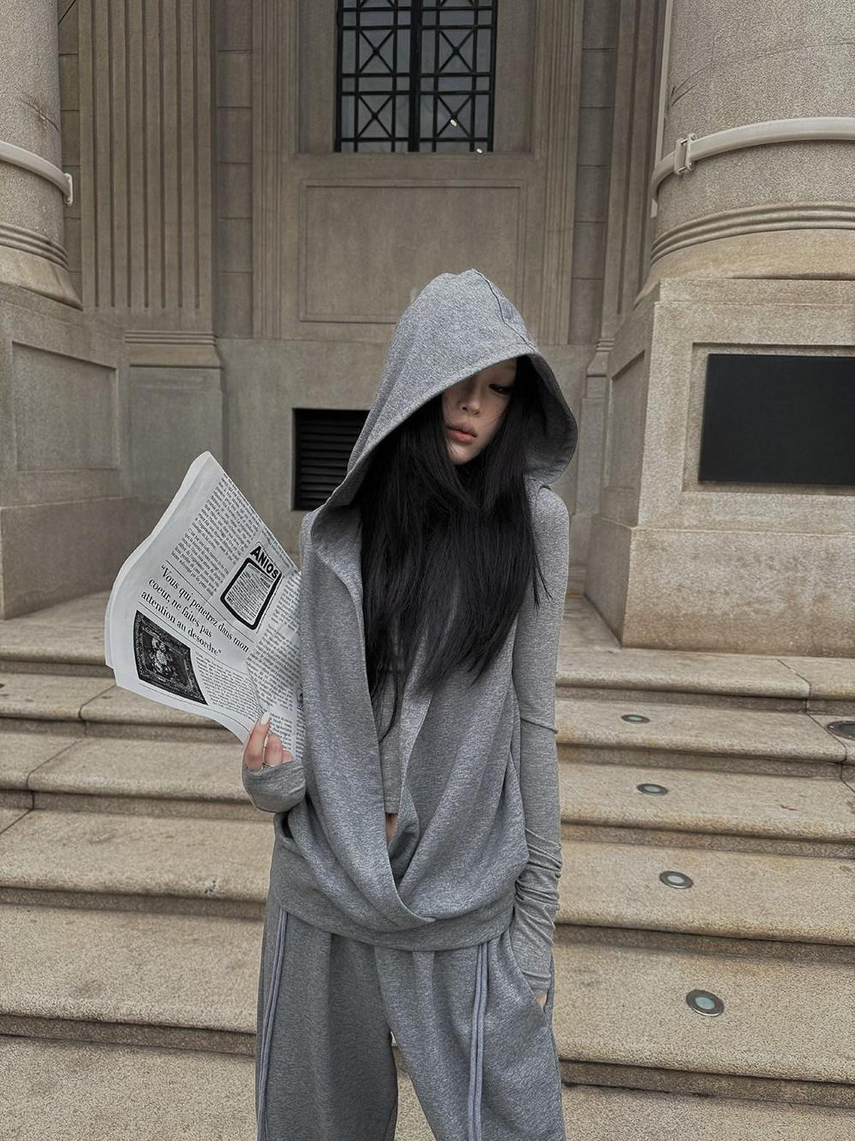 Fanptntox Gray High Neck Zip Hooded Vest Two Piece Women's Cotton Blend Hoodies