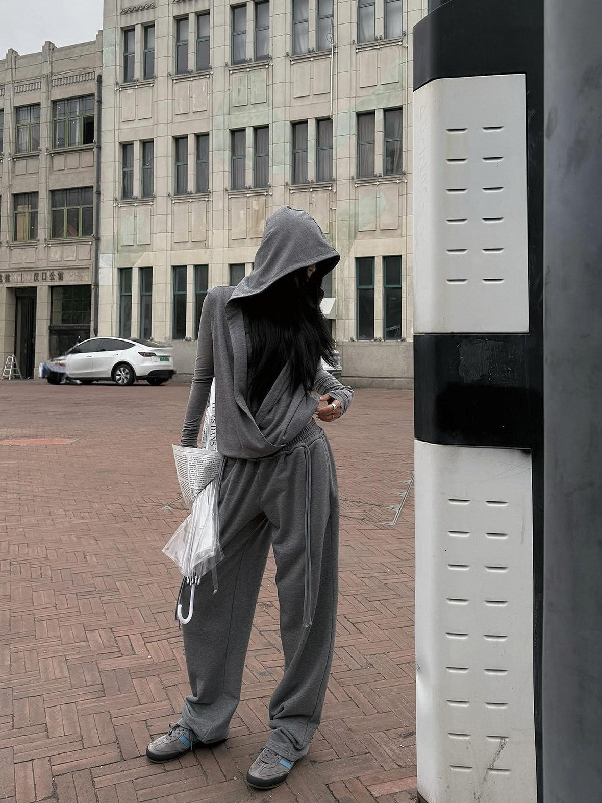 Fanptntox Gray High Neck Zip Hooded Vest Two Piece Women's Cotton Blend Hoodies