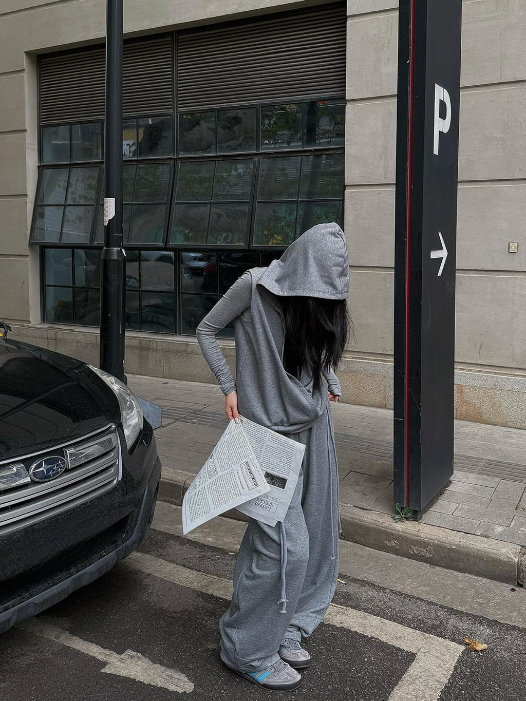 Fanptntox Gray High Neck Zip Hooded Vest Two Piece Women's Cotton Blend Hoodies
