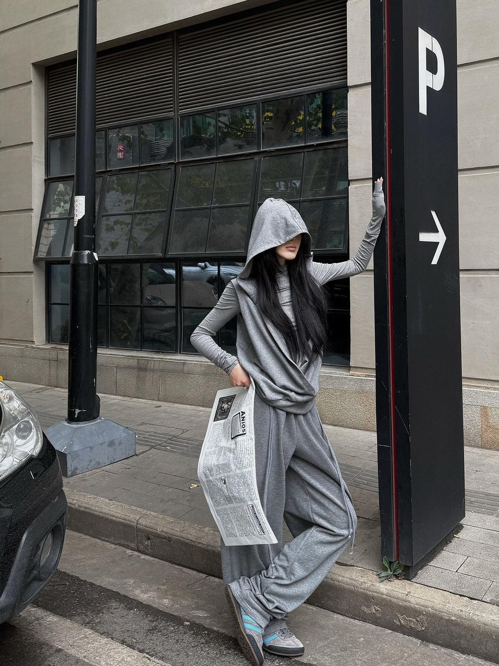 Fanptntox Gray High Neck Zip Hooded Vest Two Piece Women's Cotton Blend Hoodies