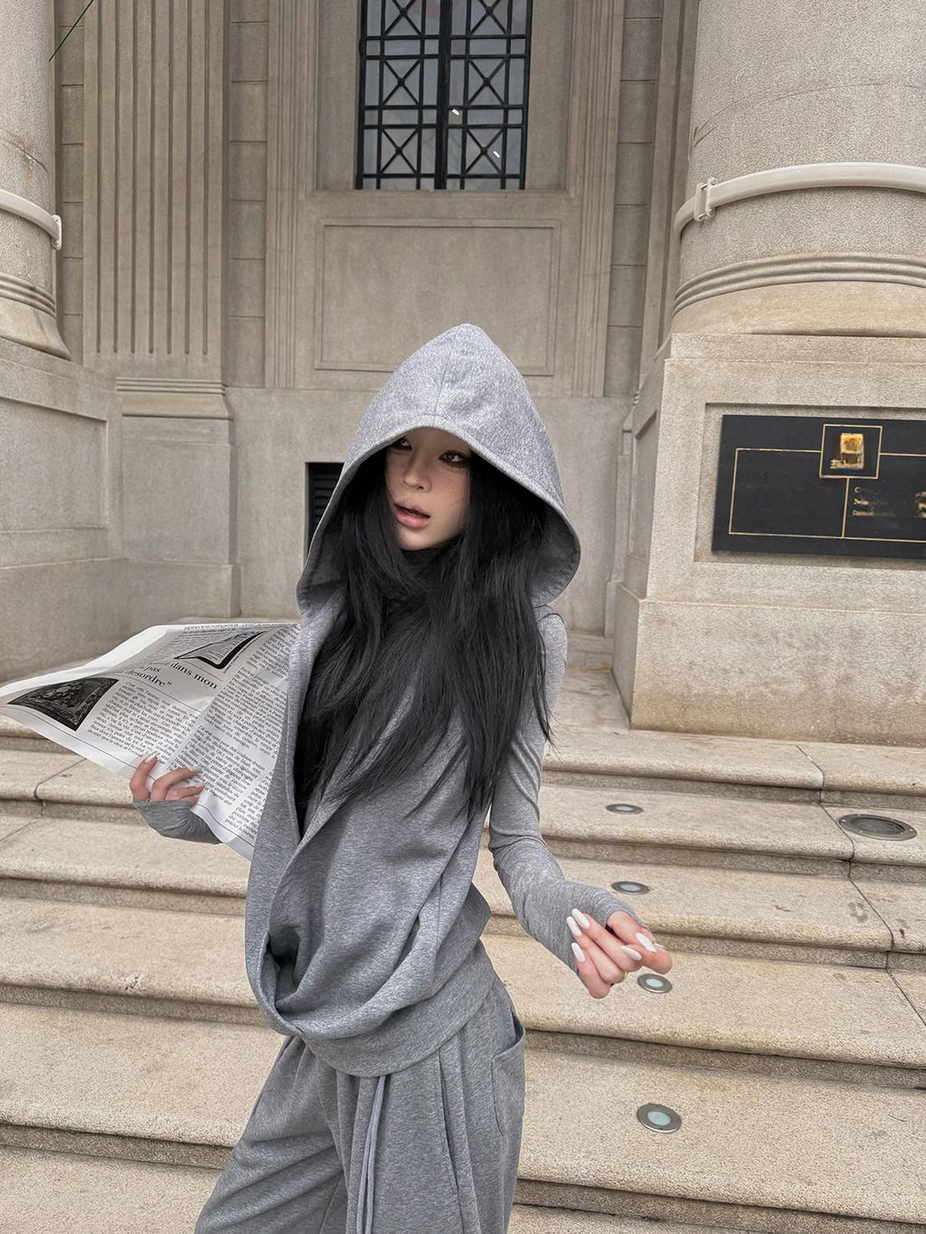 Fanptntox Gray High Neck Zip Hooded Vest Two Piece Women's Cotton Blend Hoodies