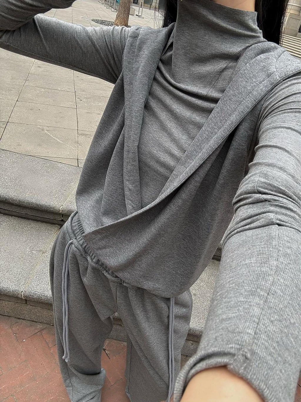 Fanptntox Gray High Neck Zip Hooded Vest Two Piece Women's Cotton Blend Hoodies