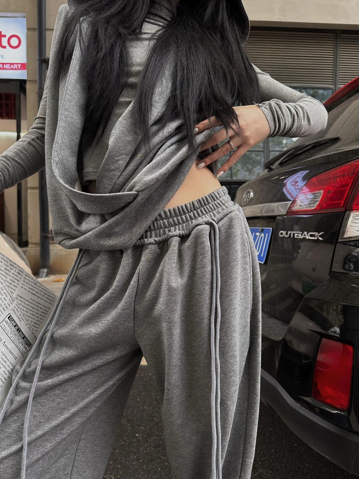Fanptntox Gray High Neck Zip Hooded Vest Two Piece Women's Cotton Blend Hoodies