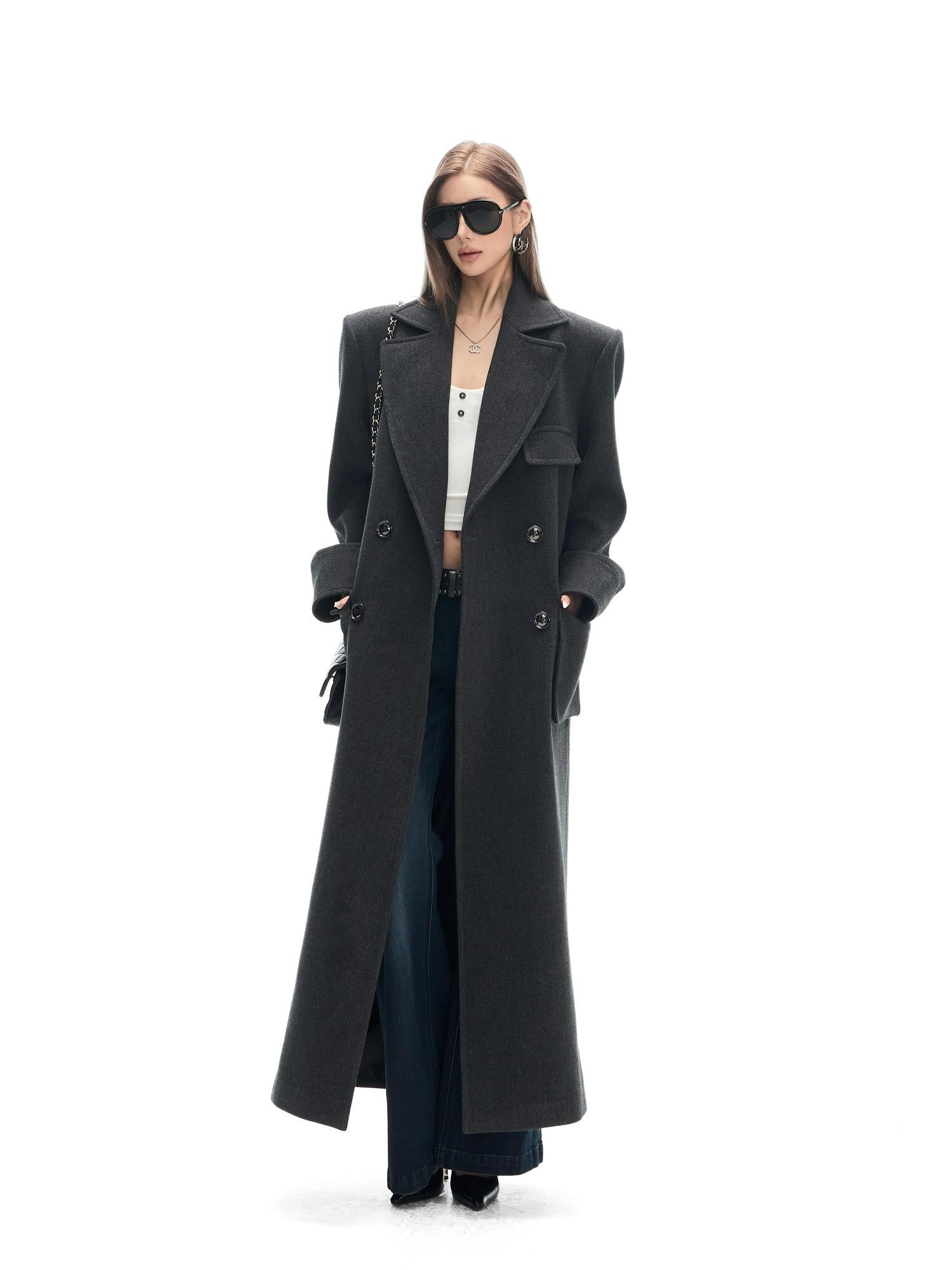Fanptntox Gray Single Breasted Notched Lapel Padded Shoulders Women's Wool Long Coats