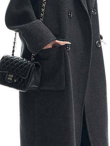 Fanptntox Gray Single Breasted Notched Lapel Padded Shoulders Women's Wool Long Coats