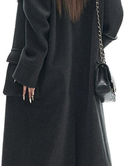 Fanptntox Gray Single Breasted Notched Lapel Padded Shoulders Women's Wool Long Coats
