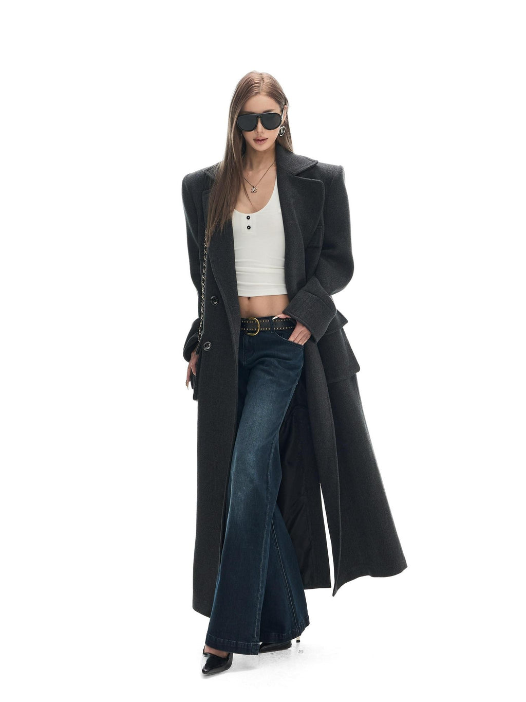 Fanptntox Gray Single Breasted Notched Lapel Padded Shoulders Women's Wool Long Coats