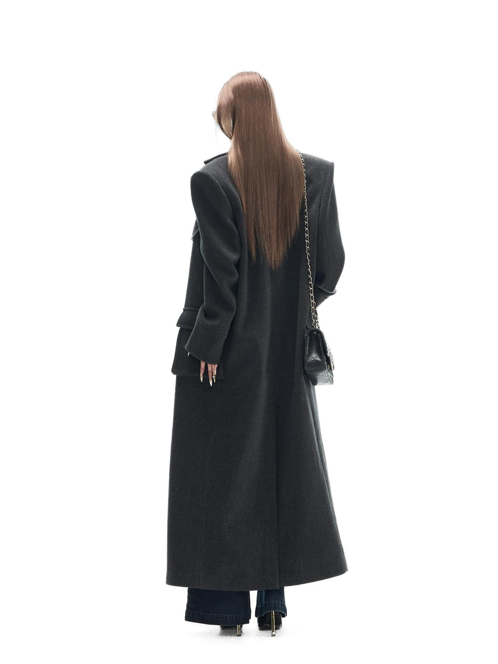 Fanptntox Gray Single Breasted Notched Lapel Padded Shoulders Women's Wool Long Coats