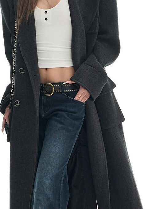 Fanptntox Gray Single Breasted Notched Lapel Padded Shoulders Women's Wool Long Coats