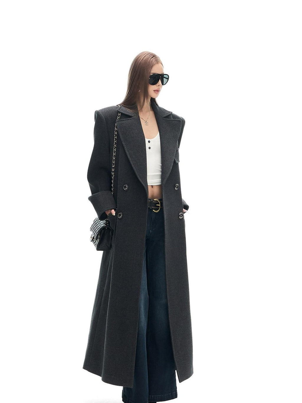 Fanptntox Gray Single Breasted Notched Lapel Padded Shoulders Women's Wool Long Coats