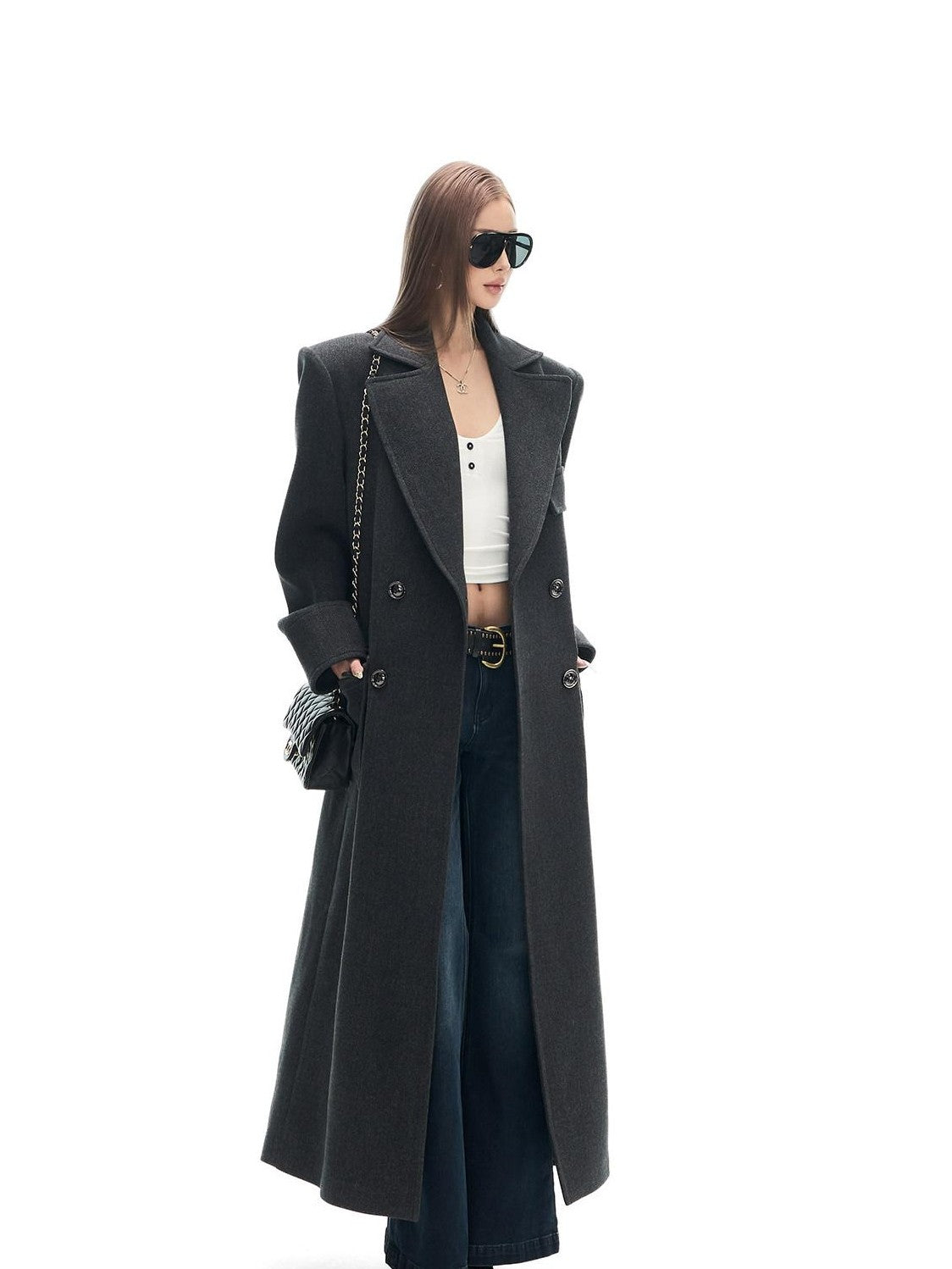 Fanptntox Gray Single Breasted Notched Lapel Padded Shoulders Women's Wool Long Coats