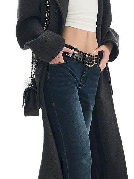 Fanptntox Gray Single Breasted Notched Lapel Padded Shoulders Women's Wool Long Coats