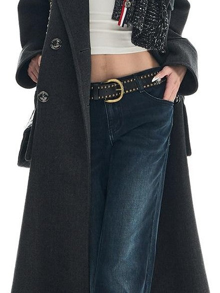 Fanptntox Gray Single Breasted Notched Lapel Padded Shoulders Women's Wool Long Coats