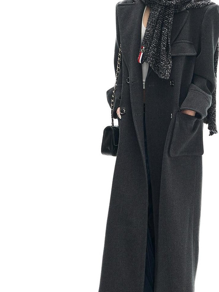 Fanptntox Gray Single Breasted Notched Lapel Padded Shoulders Women's Wool Long Coats