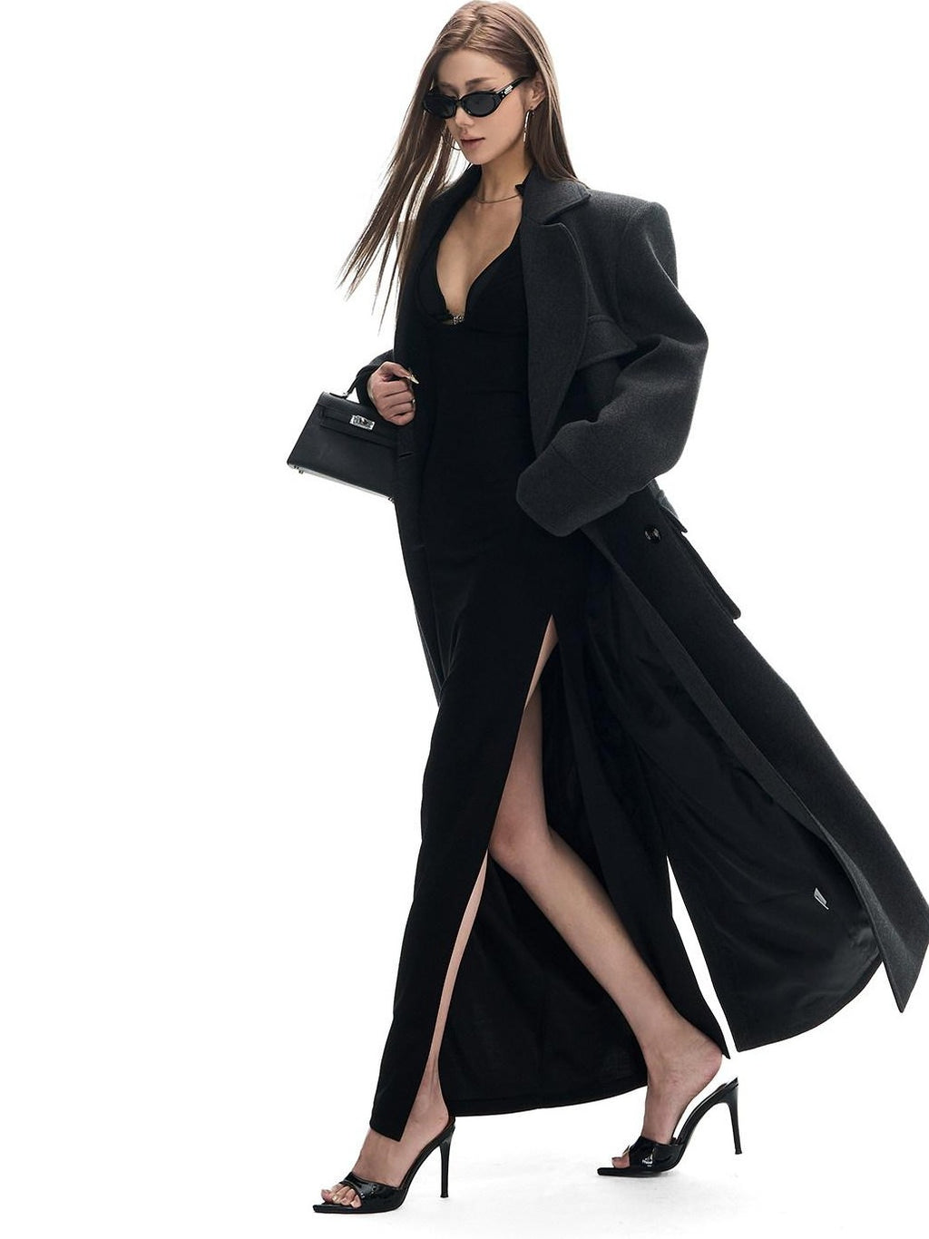 Fanptntox Gray Single Breasted Notched Lapel Padded Shoulders Women's Wool Long Coats