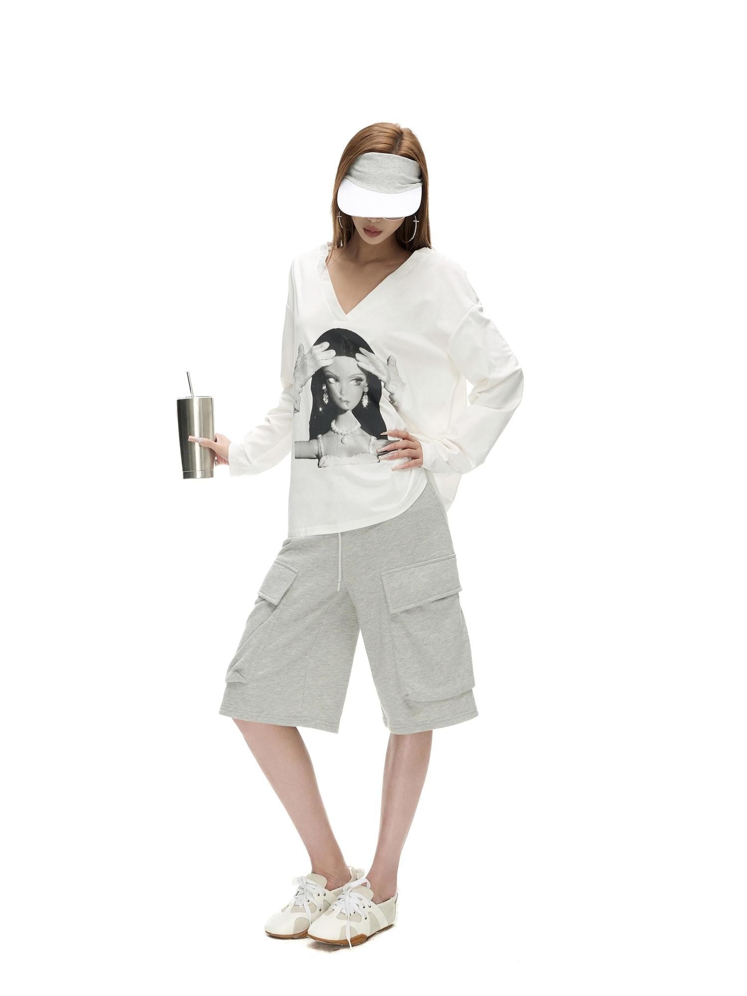 Fanptntox Gray Structured Pockets Drawstring Waist Women's Cotton Bermuda Shorts