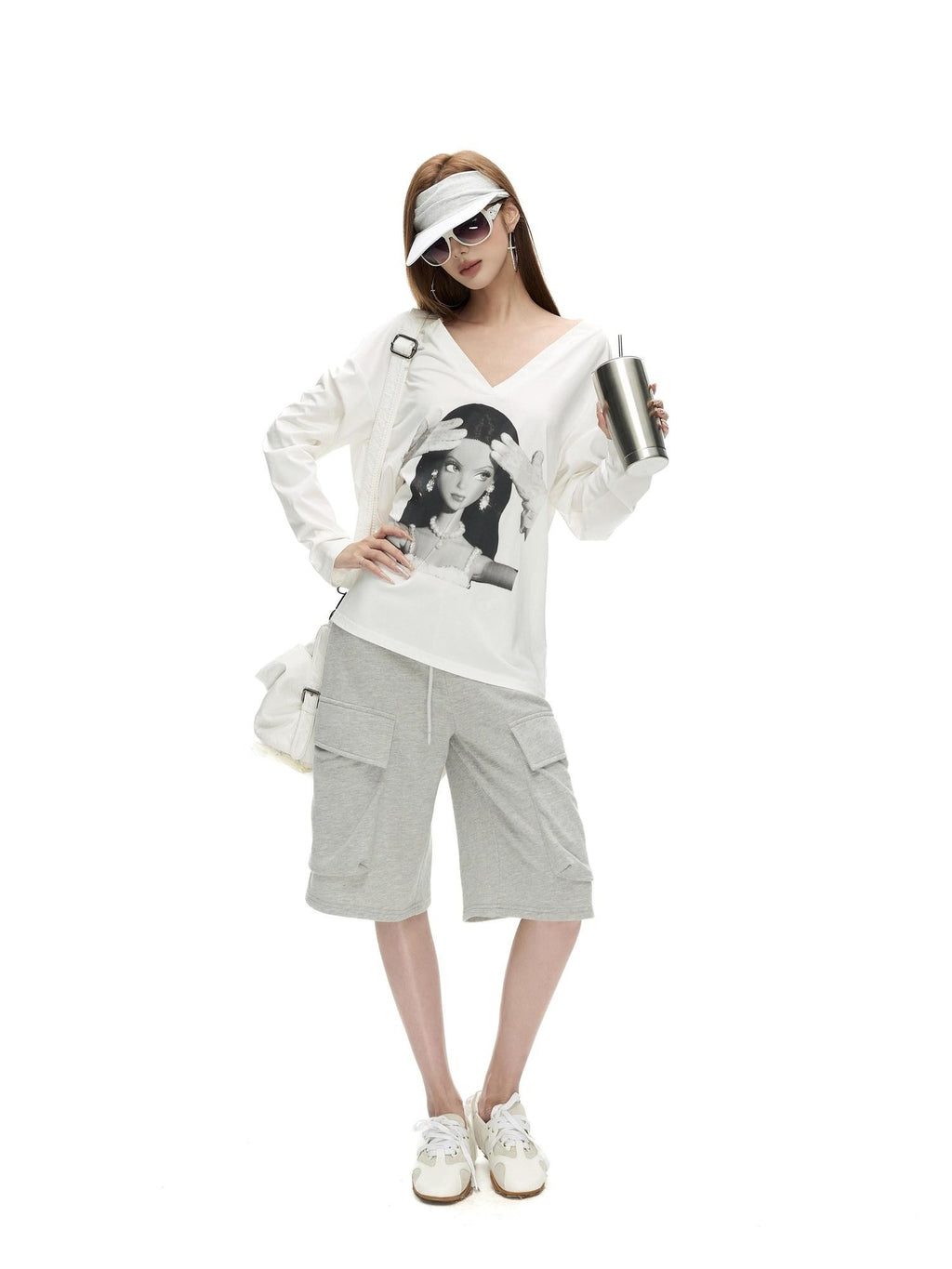 Fanptntox Gray Structured Pockets Drawstring Waist Women's Cotton Bermuda Shorts