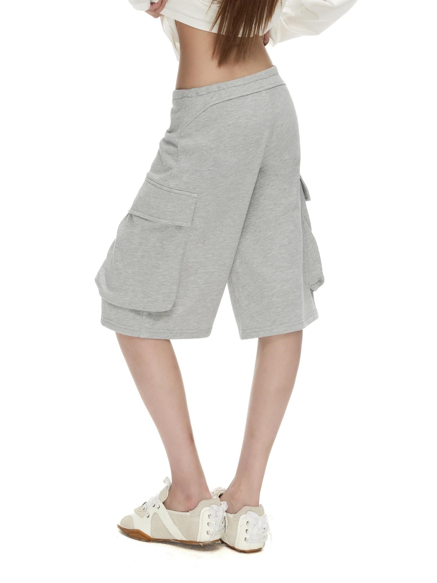 Fanptntox Gray Structured Pockets Drawstring Waist Women's Cotton Bermuda Shorts