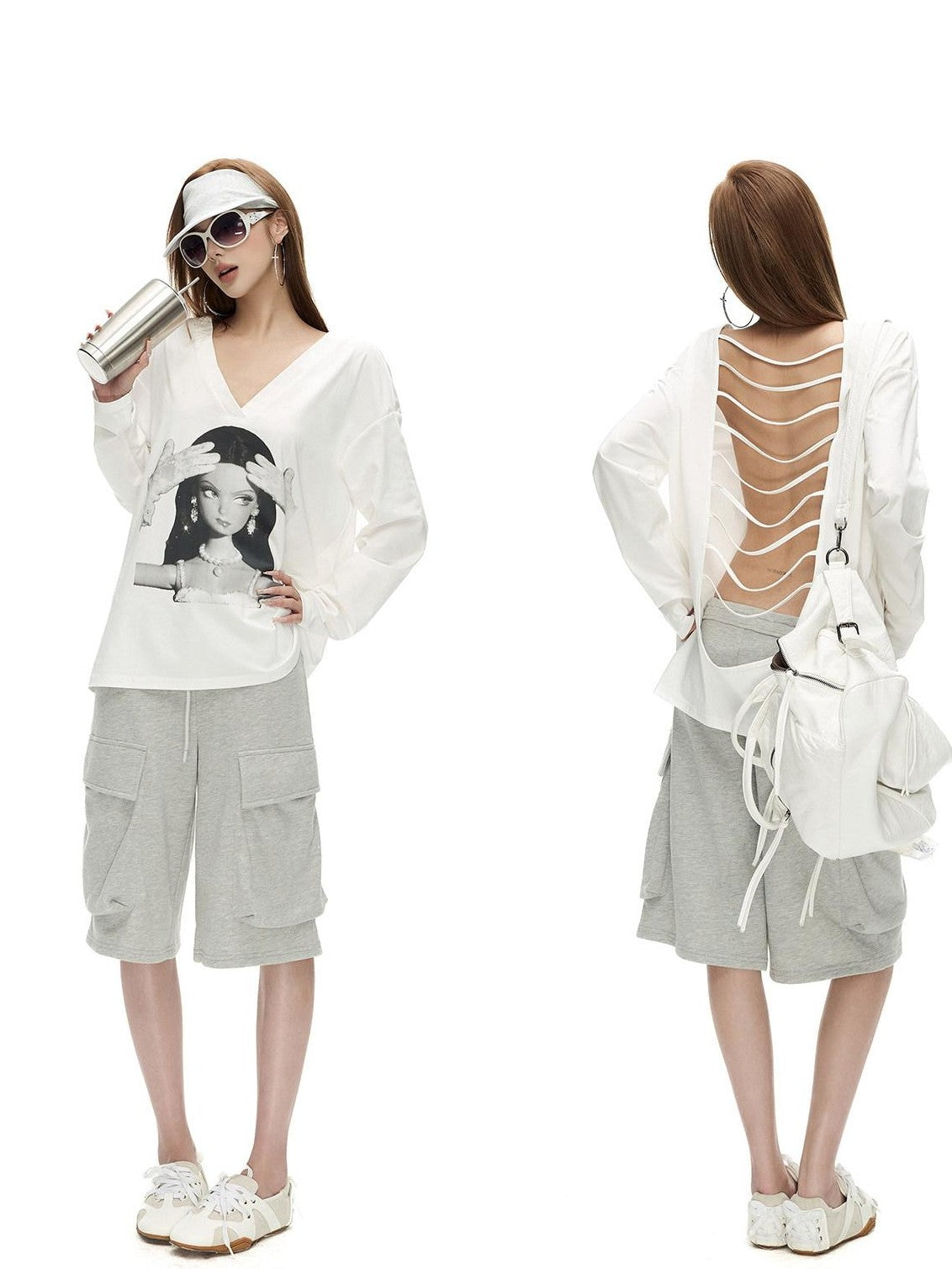 Fanptntox Gray Structured Pockets Drawstring Waist Women's Cotton Bermuda Shorts