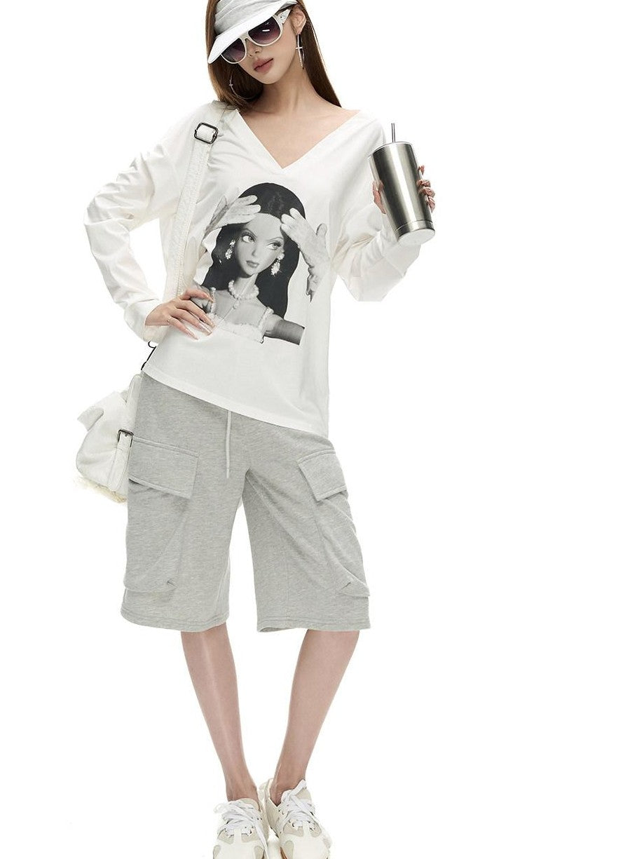 Fanptntox Gray Structured Pockets Drawstring Waist Women's Cotton Bermuda Shorts