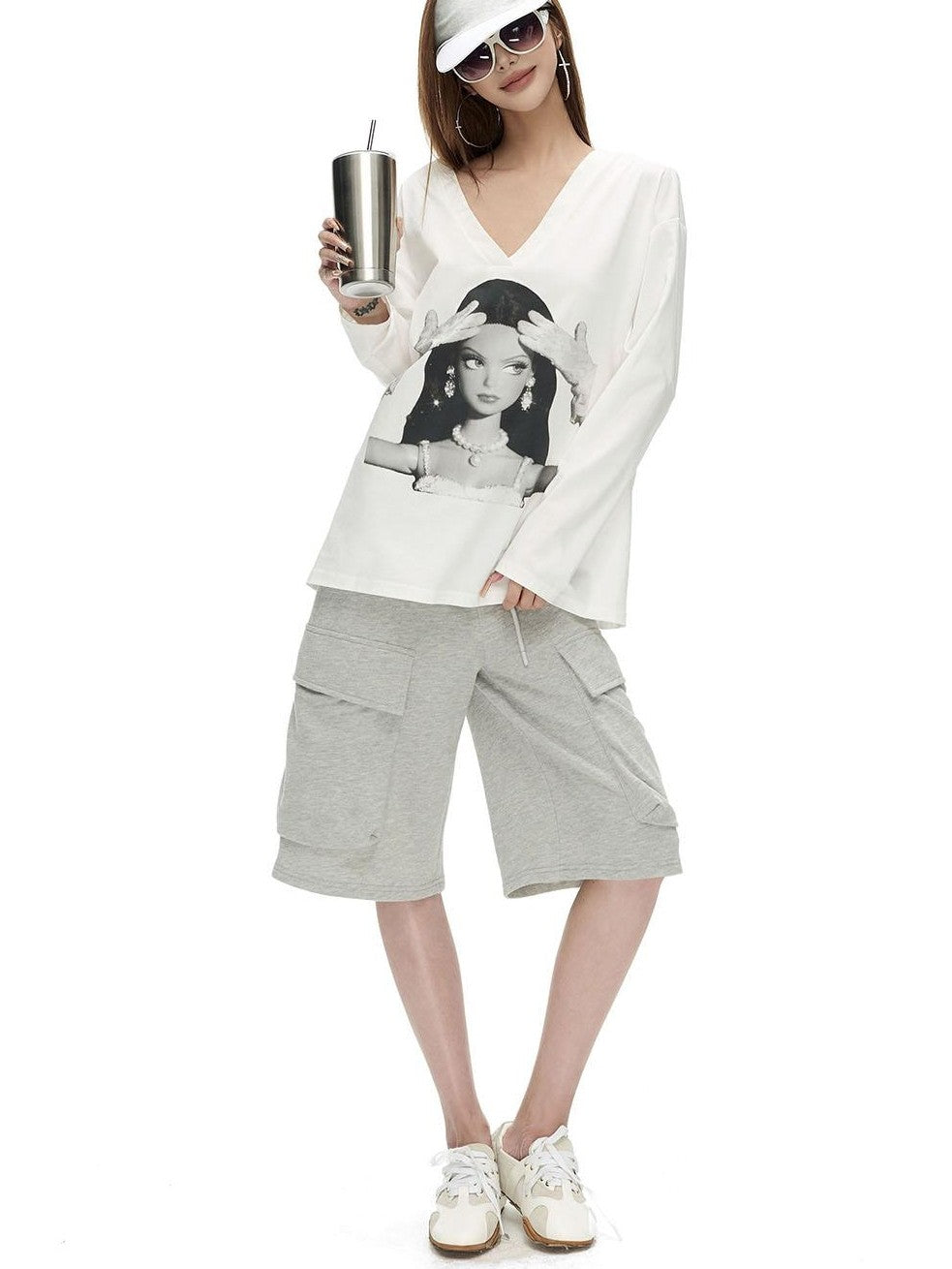 Fanptntox Gray Structured Pockets Drawstring Waist Women's Cotton Bermuda Shorts