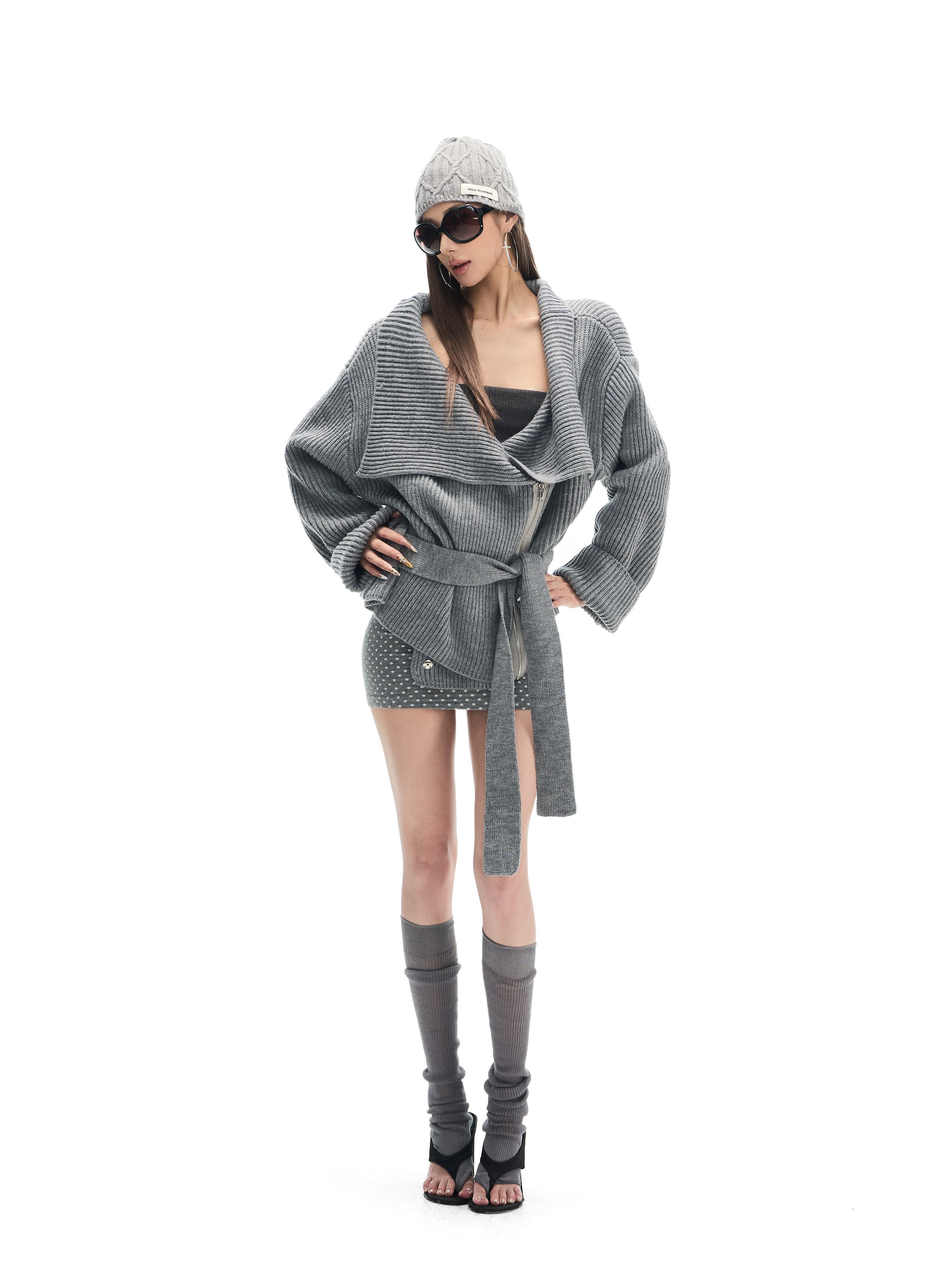 Fanptntox_Gray_Thermal_Tie_Waist_Cinched_Short_Knit_Women's_Wool_Blend_Cardigans_980788014726_MISSTT