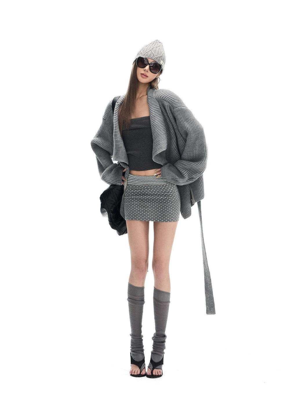 Fanptntox Gray Thermal Tie Waist Cinched Short Knit Women's Wool Blend Cardigans