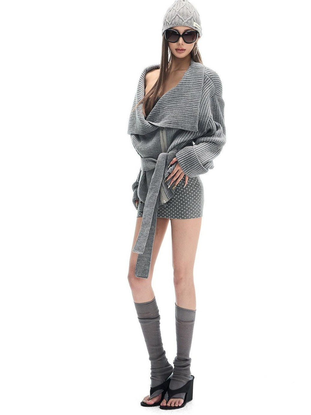 Fanptntox Gray Thermal Tie Waist Cinched Short Knit Women's Wool Blend Cardigans