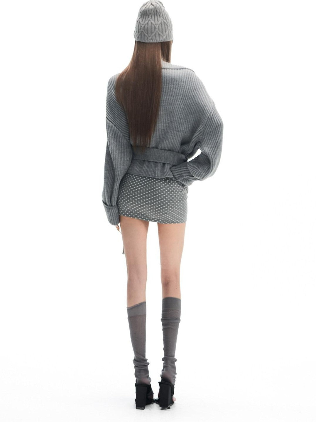 Fanptntox Gray Thermal Tie Waist Cinched Short Knit Women's Wool Blend Cardigans