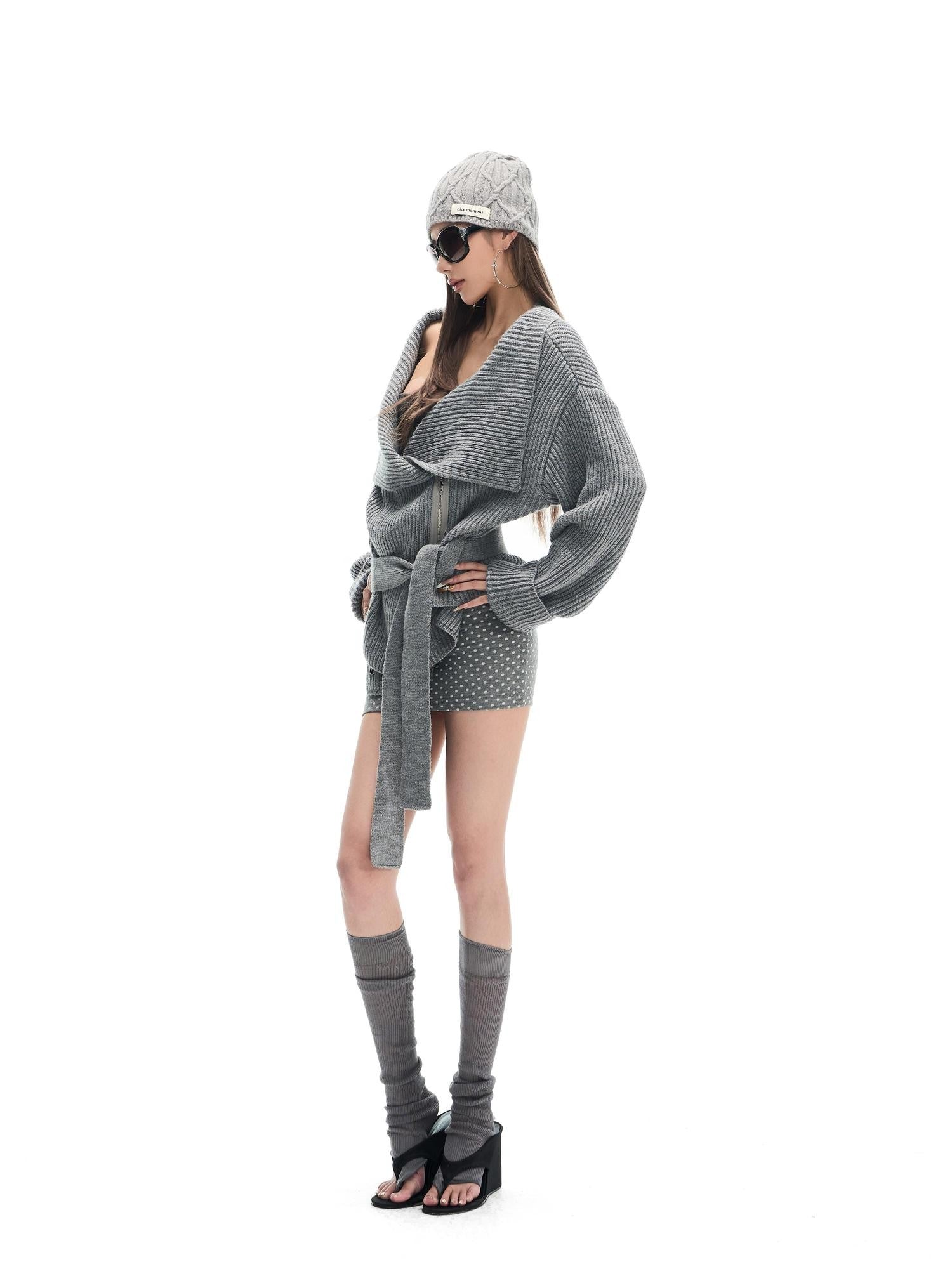 Fanptntox Gray Thermal Tie Waist Cinched Short Knit Women's Wool Blend Cardigans