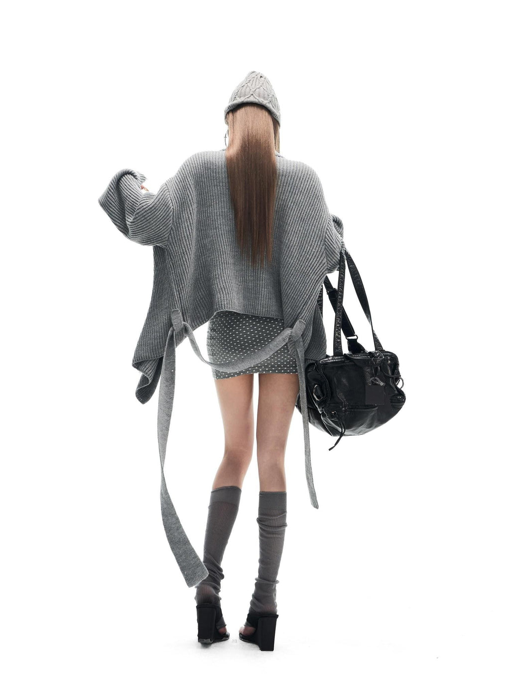 Fanptntox Gray Thermal Tie Waist Cinched Short Knit Women's Wool Blend Cardigans