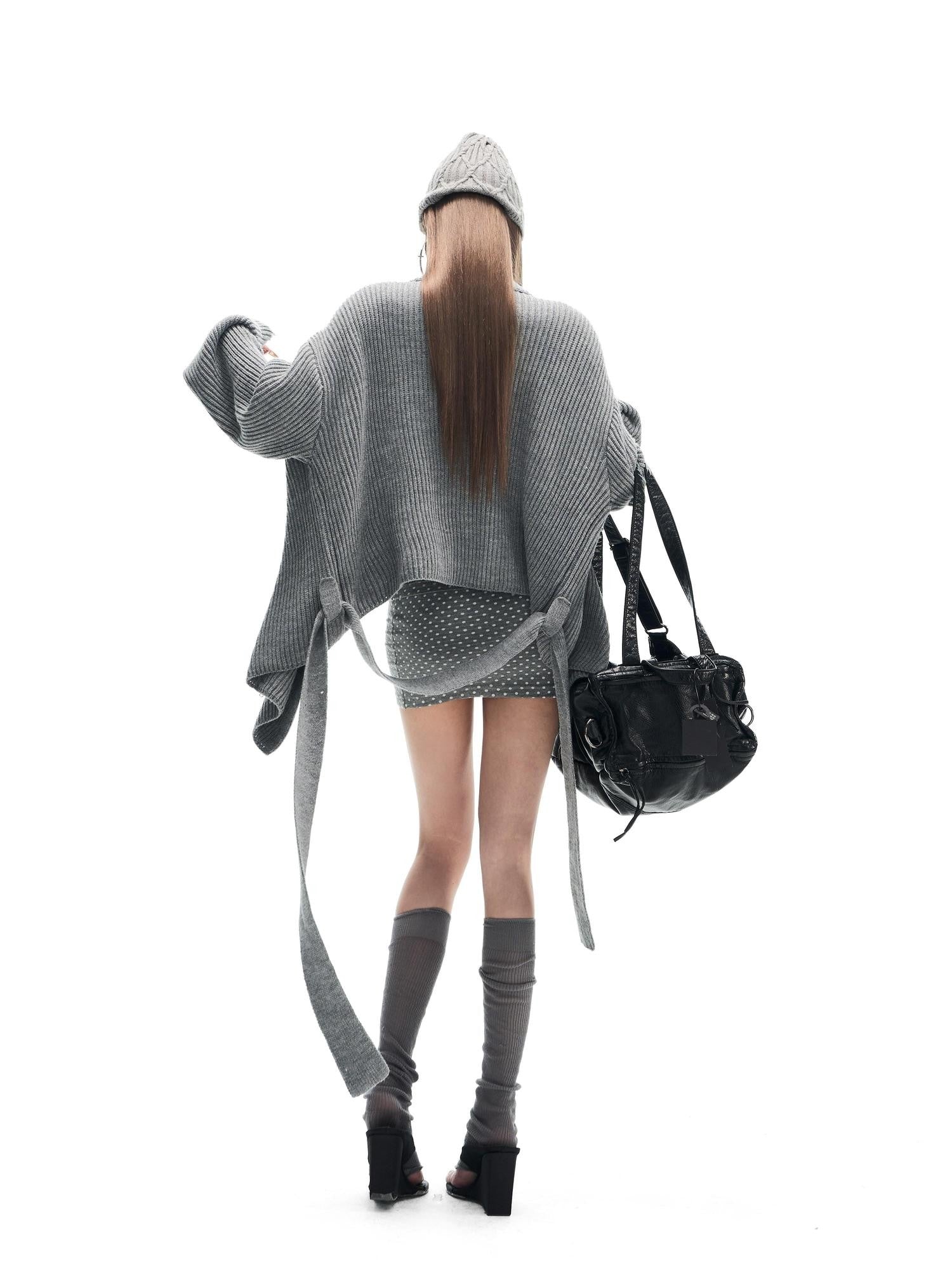 Fanptntox Gray Thermal Tie Waist Cinched Short Knit Women's Wool Blend Cardigans